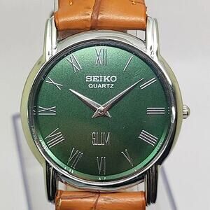 Seiko Green Dial Men's Quartz Watch with Tan Leather Strap